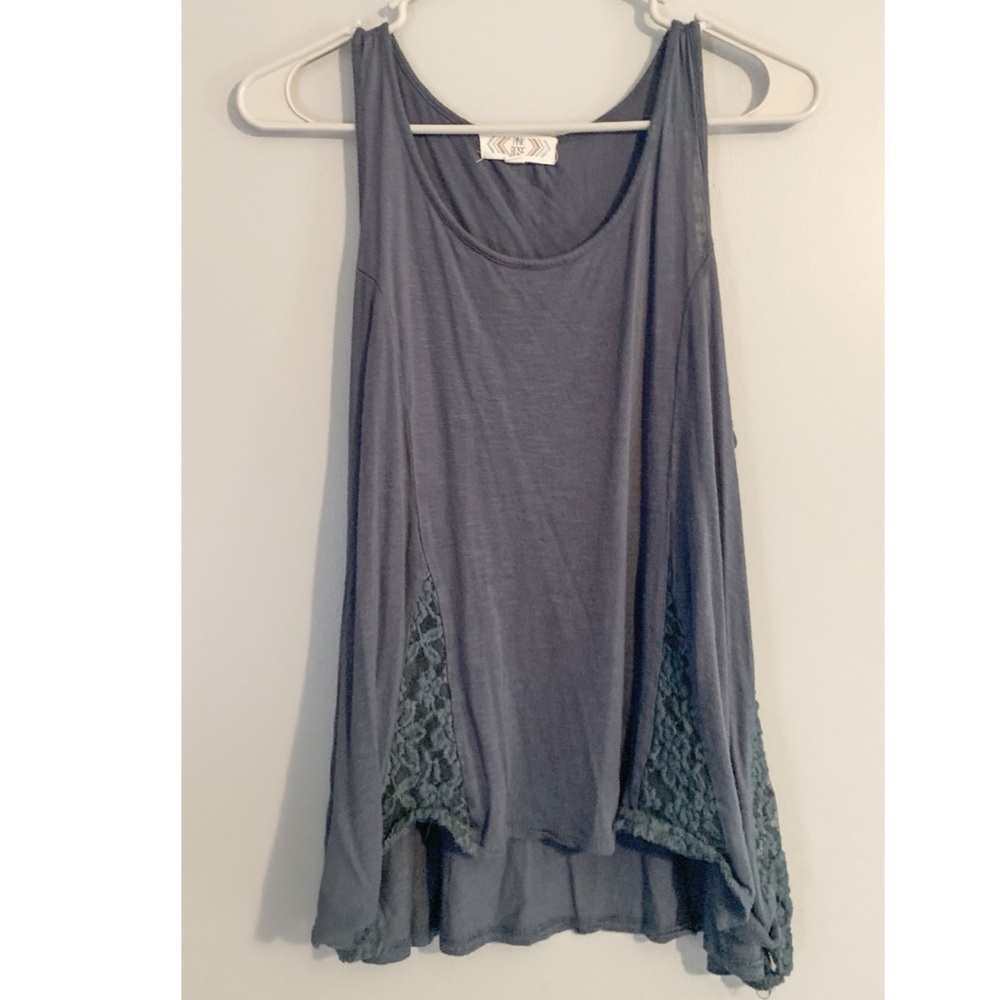 blue dressy tank with floral detailing
